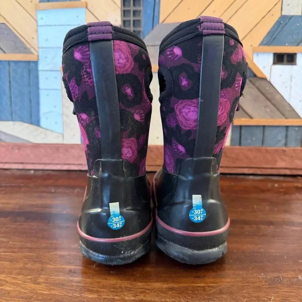 Bogs Kids Black Rain & Snow Boots with Purple Floral Accents